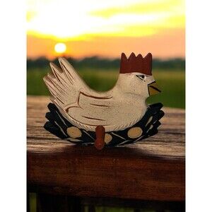 Hand Carved Wooden Chicken Rooster Folk Art Wall Hook Rustic Farmhouse Decor
